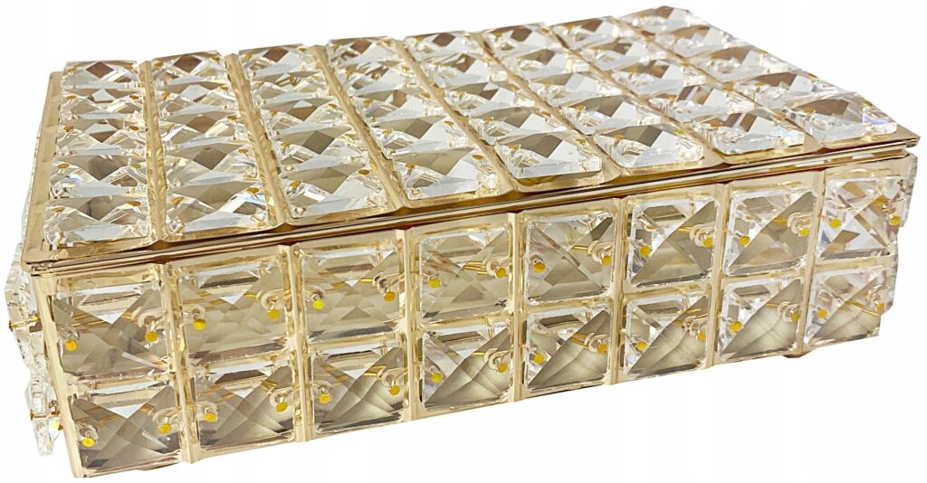 Szkatułka metalowa pudełko na biżuterię kryształy złoto