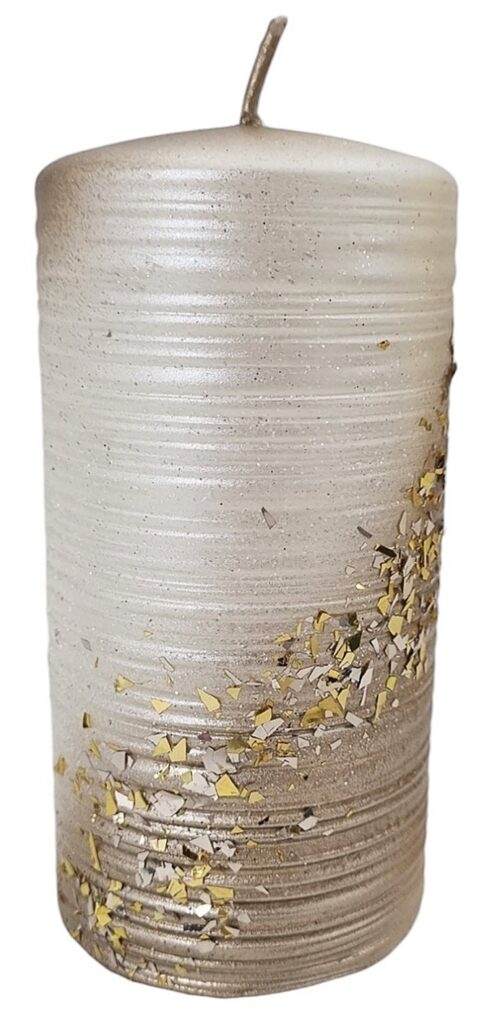 Świeca walec STARDUST 14cm szampan z drobinkami