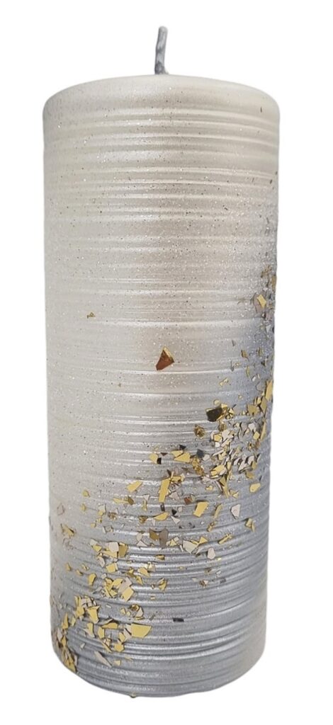 Świeca walec STARDUST 17,5cm biało-srebrna z drobinkami złota